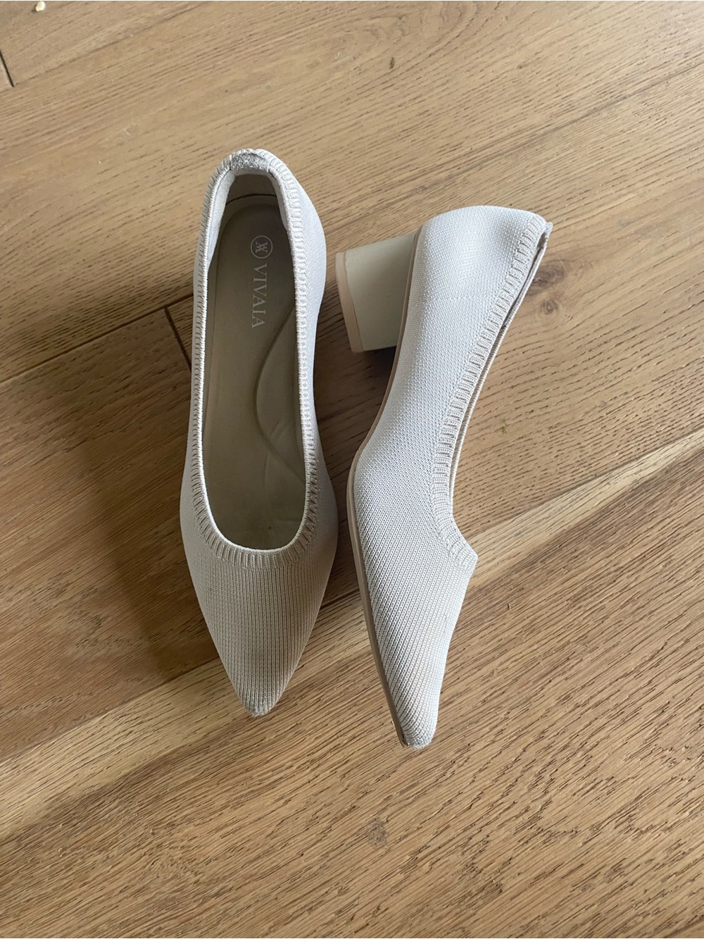 VIVAIA Cream Pointed Knit Block Heel Pumps
